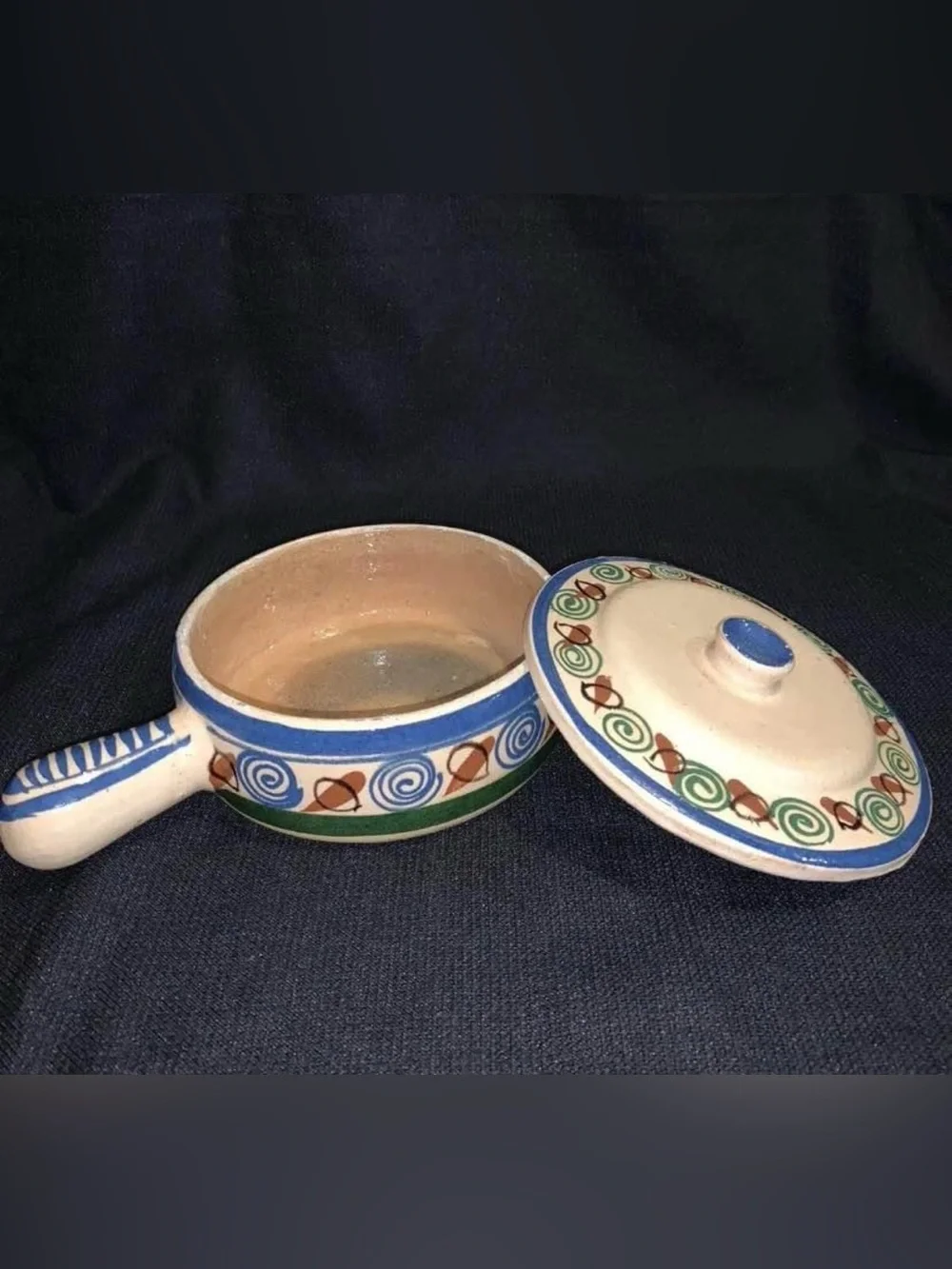 Hand-Painted Ceramic Butter Warmer with Blue, Green and Brown Accents